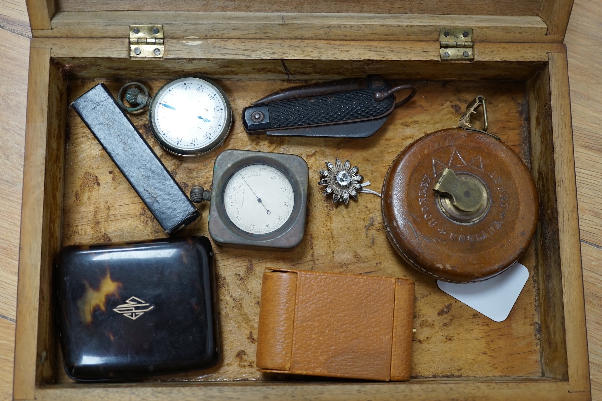 A Trench art tank, a parquetry box including paste and silver brooch and mixed collectables, box 30cm x 20cm. Condition - tank, box and brooch good, other contents variable